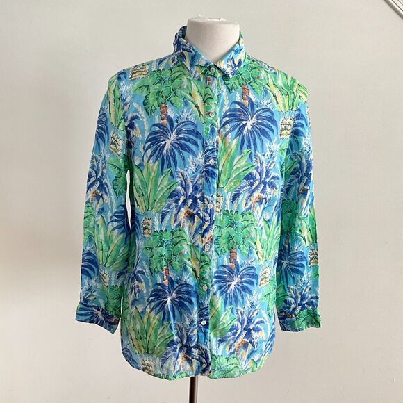 100 % Linen J McLaughlin Floral Palm Button Front Long Sleeve Shirt L - Picture 10 of 10
